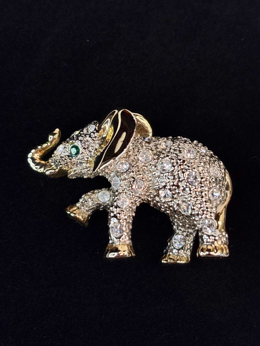 Vintage Gold-Tone Baby Elephant Brooch with Clear Rhinestones & Green Eye